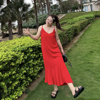 
Large size women's slim and fat mm loose suspender dress