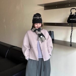 
Taro color white and elegant versatile double-sided wool coat short round neck thickened warm loose silhouette jacket