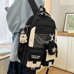 Junior High School Girls' High-Quality Black Backpack, 2025 New Model with Transparent Compartment, Double Shoulder Bag, Baby Bag, Shoulder Bag for Girls