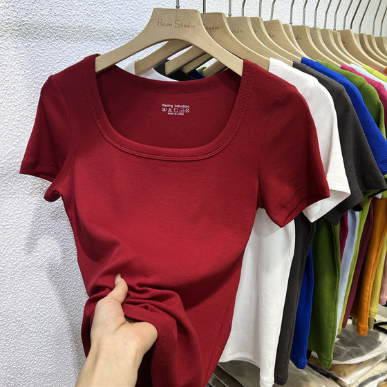
2025 summer new low square collar exposed collarbone solid color short-sleeved T-shirt for women slim threaded cotton slim shoulder top