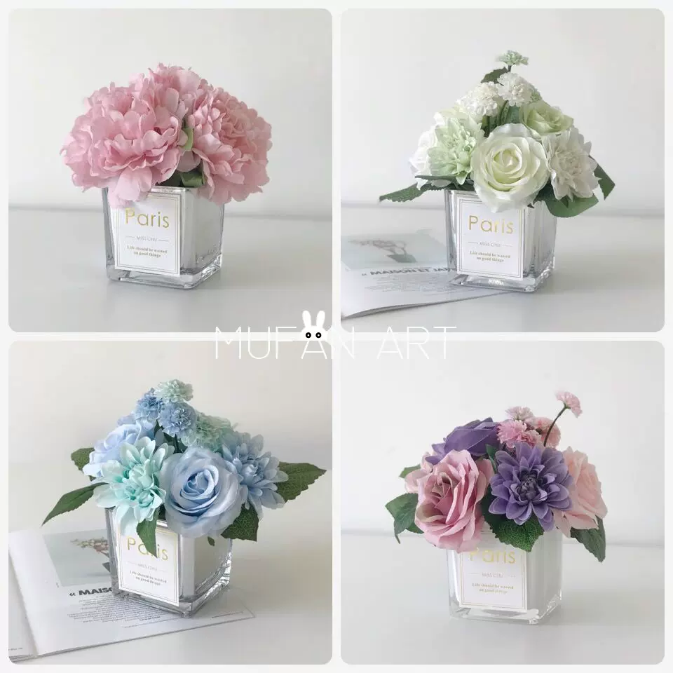 1套包邮仿真花束套装摆件方形玻璃花瓶花器卧室餐桌绿植样板 1套包邮仿真花束套装摆件方形玻璃花瓶花器卧室餐桌绿植样板
