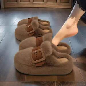 
2025 new Baotou fur slippers for women wearing autumn and winter sponge cake thick sole soft sole anti-slip cotton drag