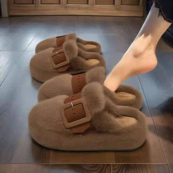 
2025 new Baotou fur slippers for women wearing autumn and winter sponge cake thick sole soft sole anti-slip cotton drag