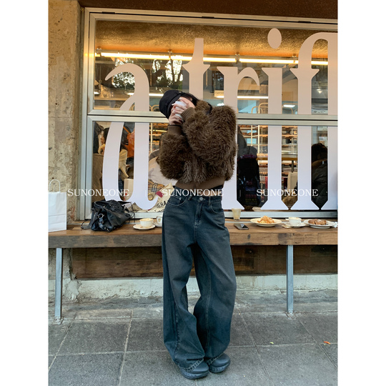 Sunoneone Women's Wide Leg Velvet Jeans Winter Warm