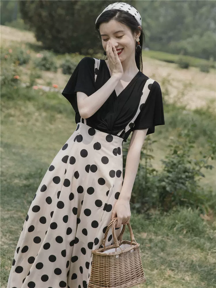 夏季背带裙套装80年代复古女装港风波点连衣裙古着裙vintage裙子