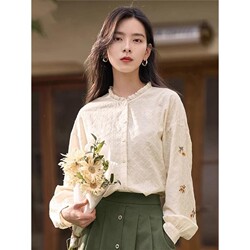 Women's 2026 Spring New French Style Professional Lace Trim Cotton Shirt with Stand Collar and Ruffled Long Sleeves
