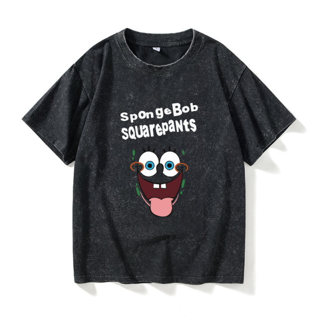 Cartoon SpongeBob Pai Big Star T-shirt Short Sleeve Black Clothes for Women and Men Round Neck Large Size Loose Summer Couple Outfit