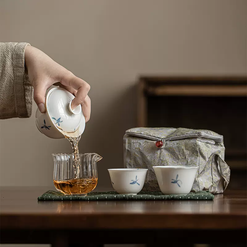旅行茶具户外便捷式喝茶套组清新手绘兰花盖碗茶杯套装防烫手茶碗