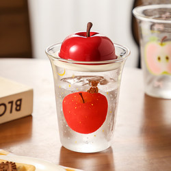 ins Red Apple Glass Cup for Women, High Borosilicate High-Temperature Resistant Water Cup with Lid, Large Capacity Milk Coffee Cup