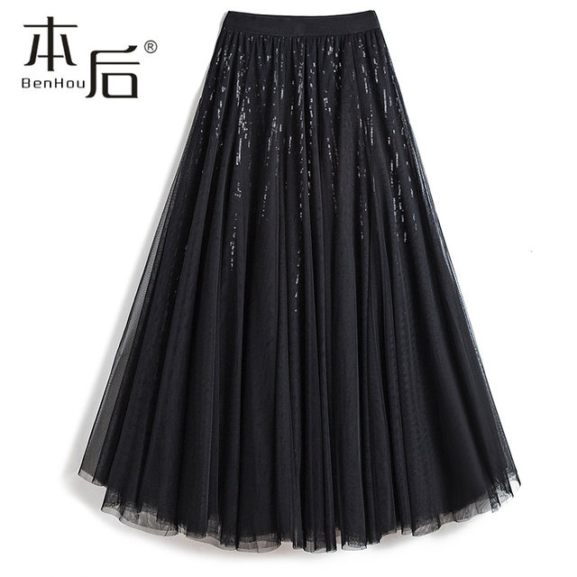 10-meter large hem skirt! Sequin mesh skirt for spring and autumn women's mid-length drooping spring slim A-line large sling skirt