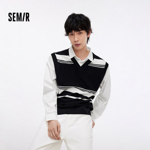 
Semir sweater men's shirt splicing fake two-piece sweater 2025 autumn new style college style striped pullover popular