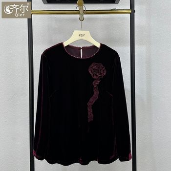
Middle-aged and elderly women's velvet tops 2025 autumn new Chinese style three-dimensional flower exquisite large size tops trendy