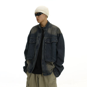 American retro blue gradient washed old denim jacket, men's and women's short loose casual large pocket stand up collar jacket