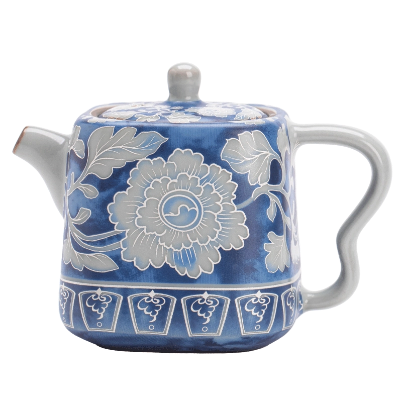 仿宋汝窑元青花双耳手抓壶家用陶瓷泡茶壶带盖防烫泡茶器功夫茶具