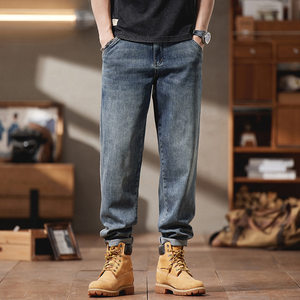 
Plus size men's spring and summer new retro fat jeans men's loose plus size stretch thin small foot trousers