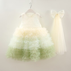 Girls' Vest Cake Dress Summer Gradient Color Sweet and Stylish Bow Gauze Dress First Birthday Dress