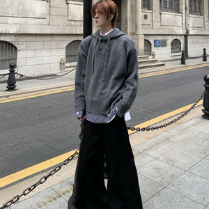 
Med old uncle gray patchwork hooded sweater for men and women in autumn and winter retro pullover sweater lazy style loose jacket