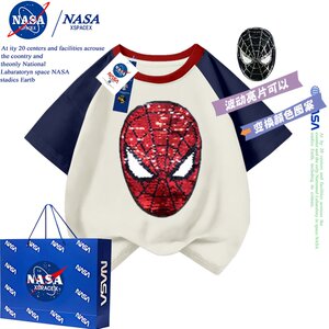 
NASA joint brand Spider-Man Children's Pure Cotton 2025 Long Sleeve T-shirt Boys' Clothing Contrast Color Sequins Flip Color Change Short Sleeve