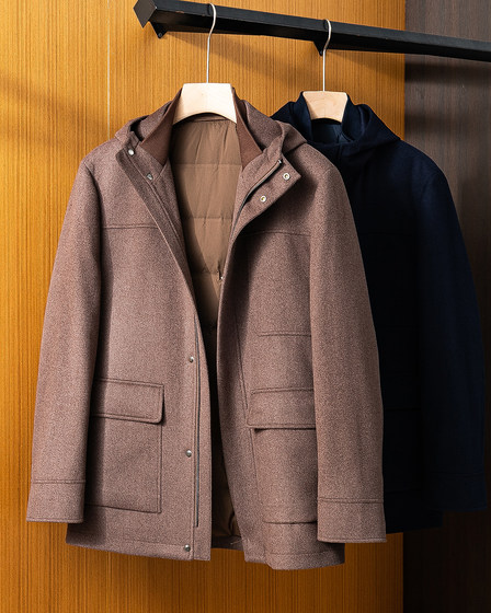 
Luxury! 5W+! Wool mulberry silk autumn and winter men's woolen coat park overcoming goose down coat