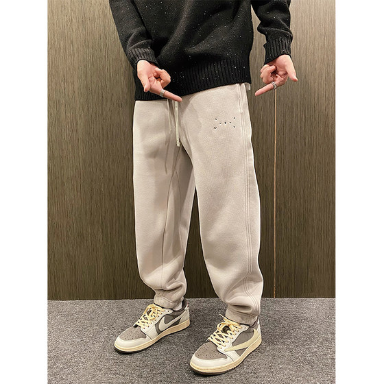MXD UGLY autumn and winter new tide brand plus velvet thick beam of casual guard pants men's loose waist embroidery sports trousers
