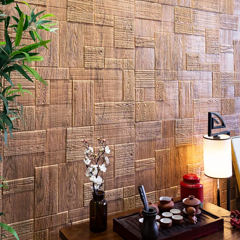 第三颗钻石中式木纹3d立体墙贴电视背景装修客厅书房