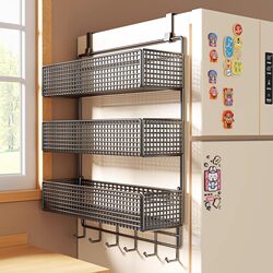 Refrigerator Storage Rack Side Storage Basket, No-Drill Kitchen Hook Hanging Shelf, Multi-Layer Wall-Mounted Layered Storage Rack