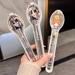 Stainless Steel Chopsticks and Spoon Set, Portable Tableware Set for One Person, Three-Piece Set for Children and Students, with Storage Box for Takeout