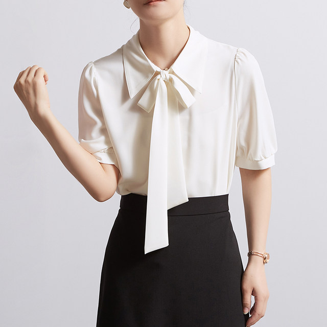 CHICBLISS White Chiffon Shirt Women's Summer Bow Lace Commuter Draped Point Collar Shirt Women's Short Sleeve