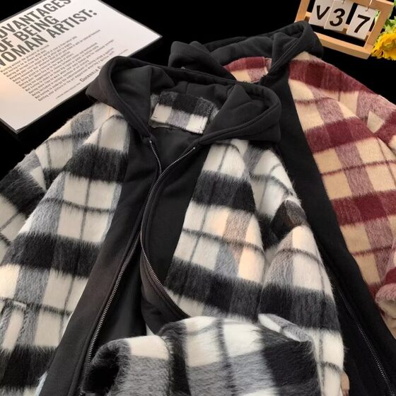 
Fake two-piece cotton jacket plaid jacket men's autumn and winter 2025 new American style couple hooded cotton jacket