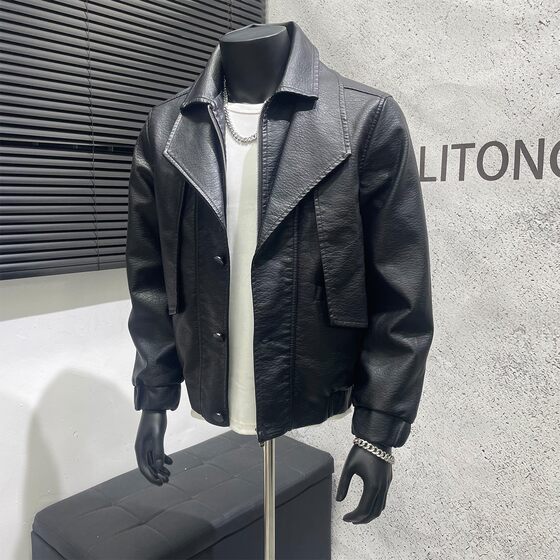 
Fake two-piece jacket for men in autumn 2025 new super hot men's leather jacket autumn high-end handsome motorcycle jacket