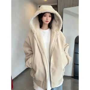 
American hooded mountain carving leather jacket and cotton jacket for men and women, winter plus velvet and thickened warm fur collar cotton jacket