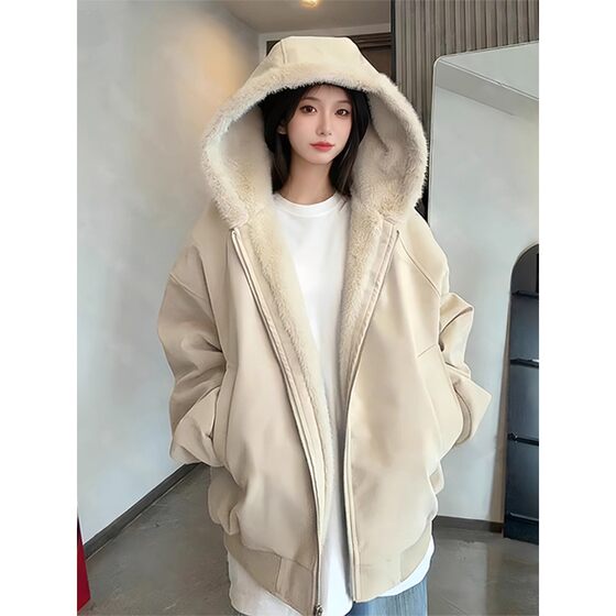 
American hooded mountain carving leather jacket and cotton jacket for men and women, winter plus velvet and thickened warm fur collar cotton jacket