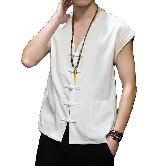 
Summer thin cotton and linen vest men's loose large size Chinese style Chinese plate buckle breathable sleeveless vest breathable waistcoat