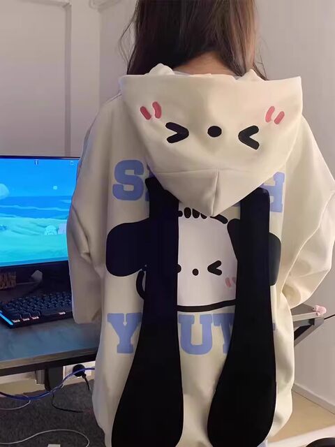 Cute rabbit ear thin hooded sweatshirt for women in spring and autumn 2025 new oversize loose cardigan lazy jacket
