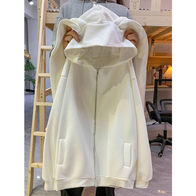 Cute rabbit ears hooded sweater female autumn and winter oversize plus velvet thick jacket loose lazy cardigan top