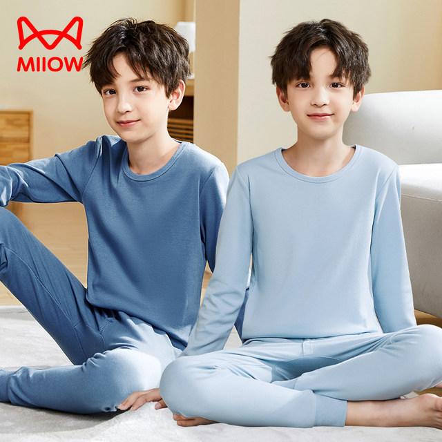 Catman Children's Autumn Clothes and Autumn Pants Set All Pure Cotton Underwear Boys' Middle-aged and Teenagers' Pajamas Cotton Sweater Bottoming