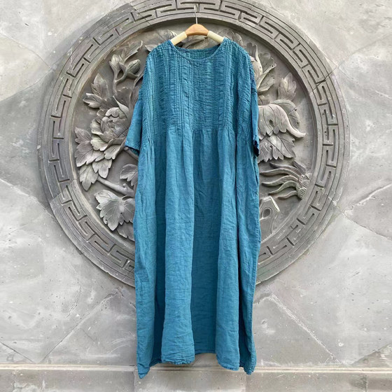 
Linen accordion pleat dress for women 2025 spring and summer style women's personalized forest long skirt loose casual robe