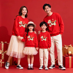 New Year's Zodiac Year of the Horse Family Matching Outfits Red Sweatshirts for a Family of Three, Family Portrait, Fleece-Lined Class Uniforms, Custom Performance Costumes