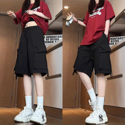 Black Large Pocket American-Style Work Shorts for Women, Summer 2026 New Casual Loose Straight-Leg Sports Knee-Length Shorts