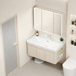 Cream-Colored Honeycomb Aluminum Alloy Bathroom Cabinet Set with Integrated Ceramic Washbasin and Vanity Unit