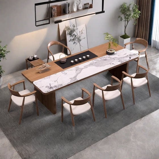 
Rock plate solid wood tea table tea table light luxury modern simple high-end office new Chinese-style large-board tea table combination