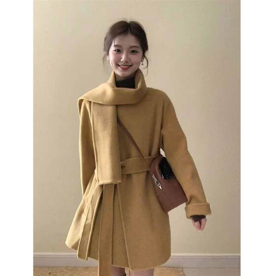 
2025 Autumn and Winter New Style High-end Woolen Coat Lace-up Waist Woolen Coat Women's Mid-Length Style