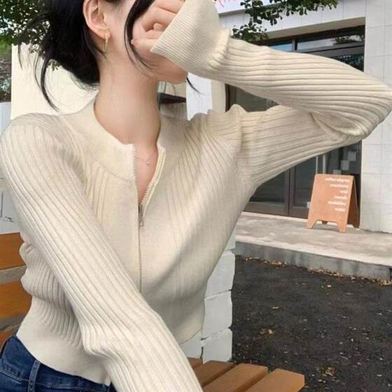 
Double zipper pit strip short sweater jacket for women in autumn and winter thickened hot girls slim knitted cardigan base top