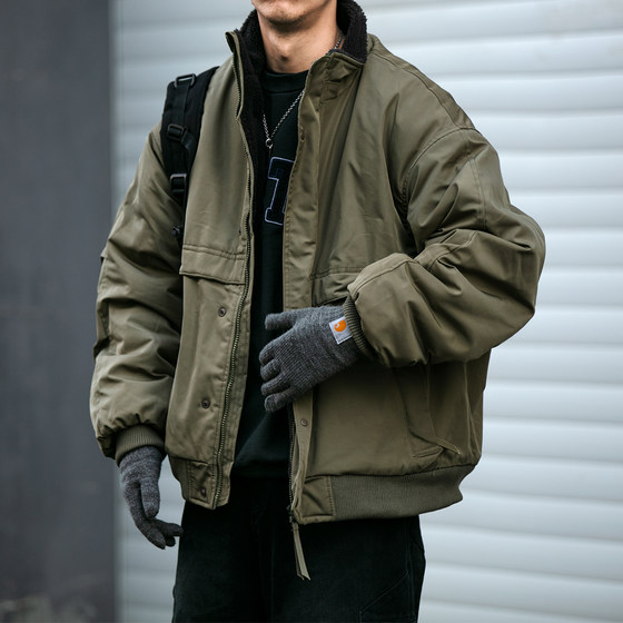 Japanese trendy brand lamb velvet stand collar cotton jacket for men in winter trendy brand couple loose thickened warm work cotton jacket
