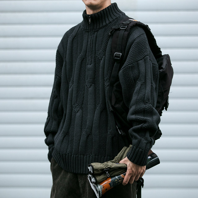 Winter heavy high-quality heavy-dumb and thick creepy stand-up collar pullover sweater American retro semi-zipper thick jacket
