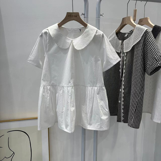 New summer white doll collar small loose women's shirt pullover short-sleeved cotton versatile women's top with large size