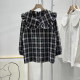 Early autumn new women's black and white plaid thin foam cotton doll collar nine-point sleeve age-reducing cotton women's top is large size