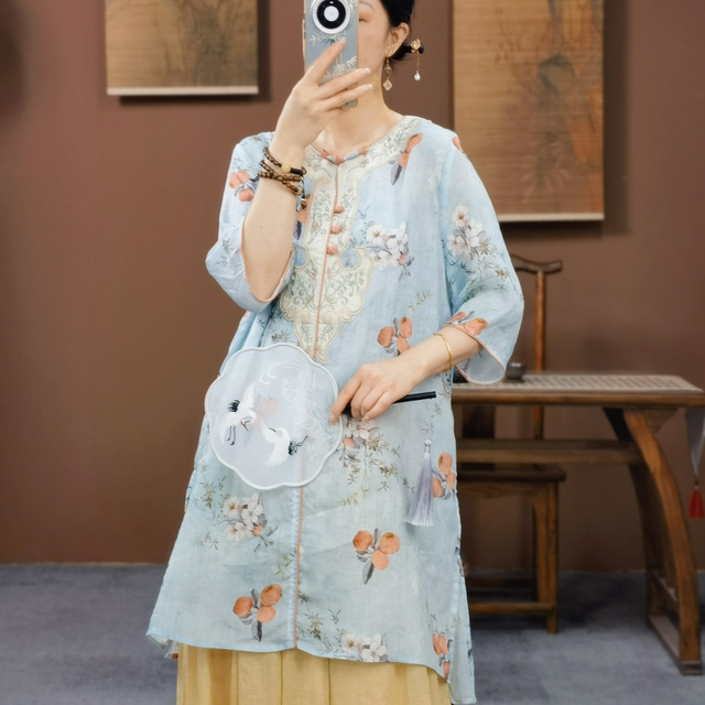
New Chinese women's clothing new round neck button embroidered five-point sleeve shirt for women ramie printing mid-length top