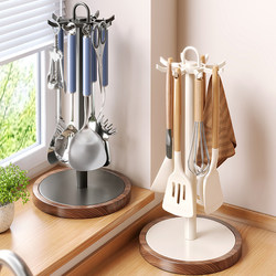 Kitchen Rotating Hook Storage Rack Walnut Wood Spatula Holder Countertop Hanging Spoon Colander Spatula Kitchen Utensil Storage Rack