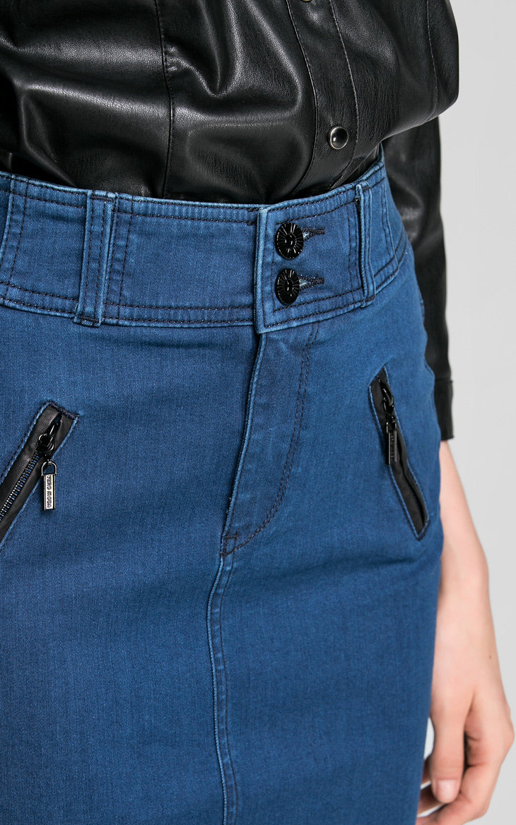 vero moda双扣腰头皮革拉链装2015时尚饰包臀牛仔半身裙|315137004